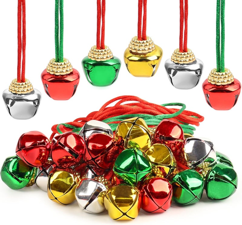 LIGHOON 24 PCS Christmas Jingle Bell, Necklace Bells with Rope for Christmas Holiday Party Decoration Supplies (Red, Green, Silver, Gold) - Image 1